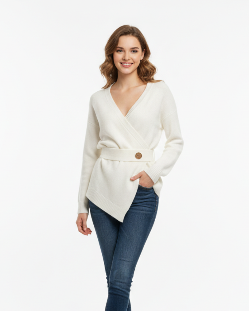 Women's Knit Wrap Top - Long Sleeve V-Neck Peplum with Gold Button Waist Detail