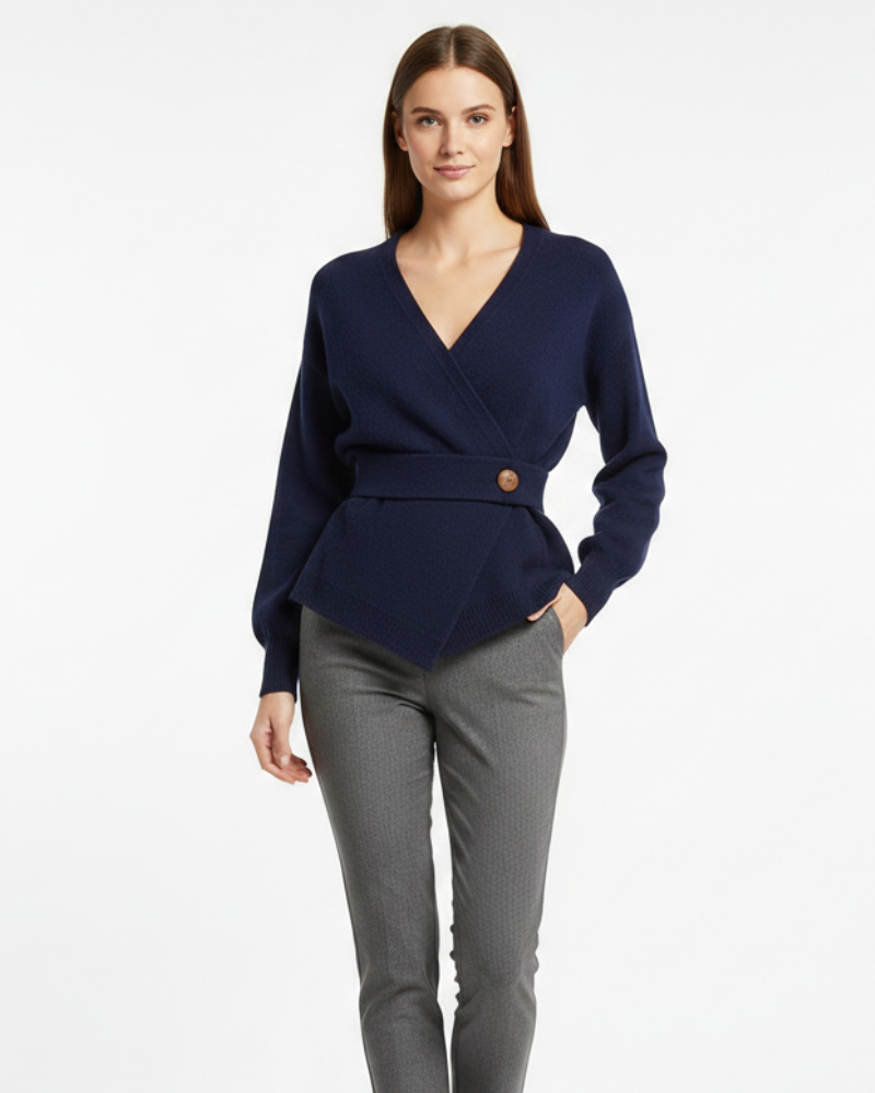 Women's Knit Wrap Top - Long Sleeve V-Neck Peplum with Gold Button Waist Detail