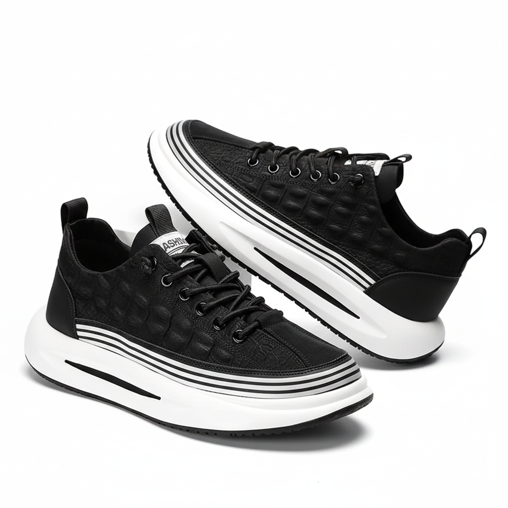 Men's Casual Sneakers - Lace-Up Embossed Upper with Chunky Platform Sole and Stripe Midsole Detail