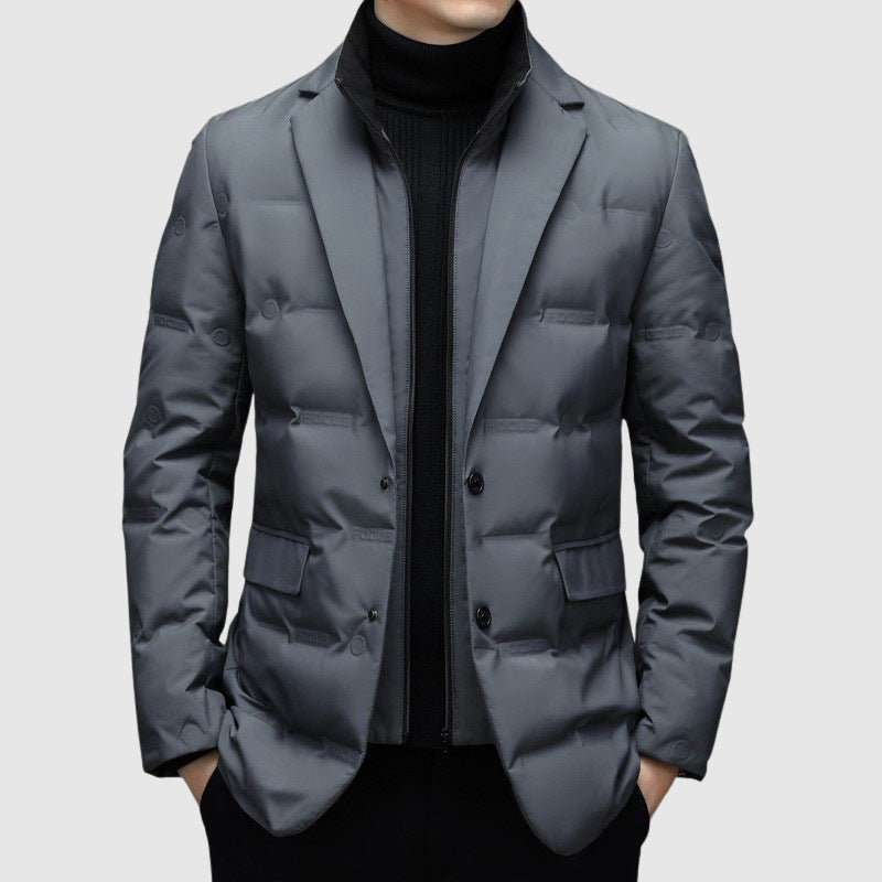 Men's Down Puffy Jacket - Notch Lapel Blazer Style - Two-Button Front - Quilted Puffer - Smart Casual Coat