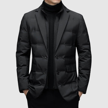 Men's Down Puffy Jacket - Notch Lapel Blazer Style - Two-Button Front - Quilted Puffer - Smart Casual Coat