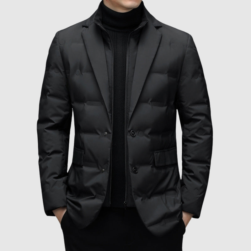 Men's Down Puffy Jacket - Notch Lapel Blazer Style - Two-Button Front - Quilted Puffer - Smart Casual Coat