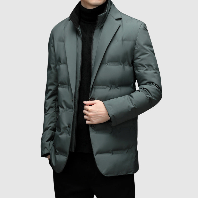 Men's Down Puffy Jacket - Notch Lapel Blazer Style - Two-Button Front - Quilted Puffer - Smart Casual Coat