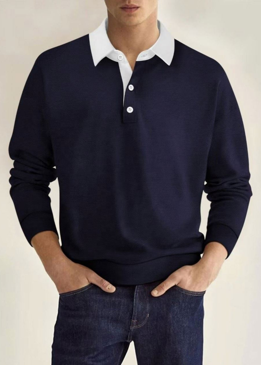 Men’s Long-Sleeve Knit Polo Shirt – Contrast Collar