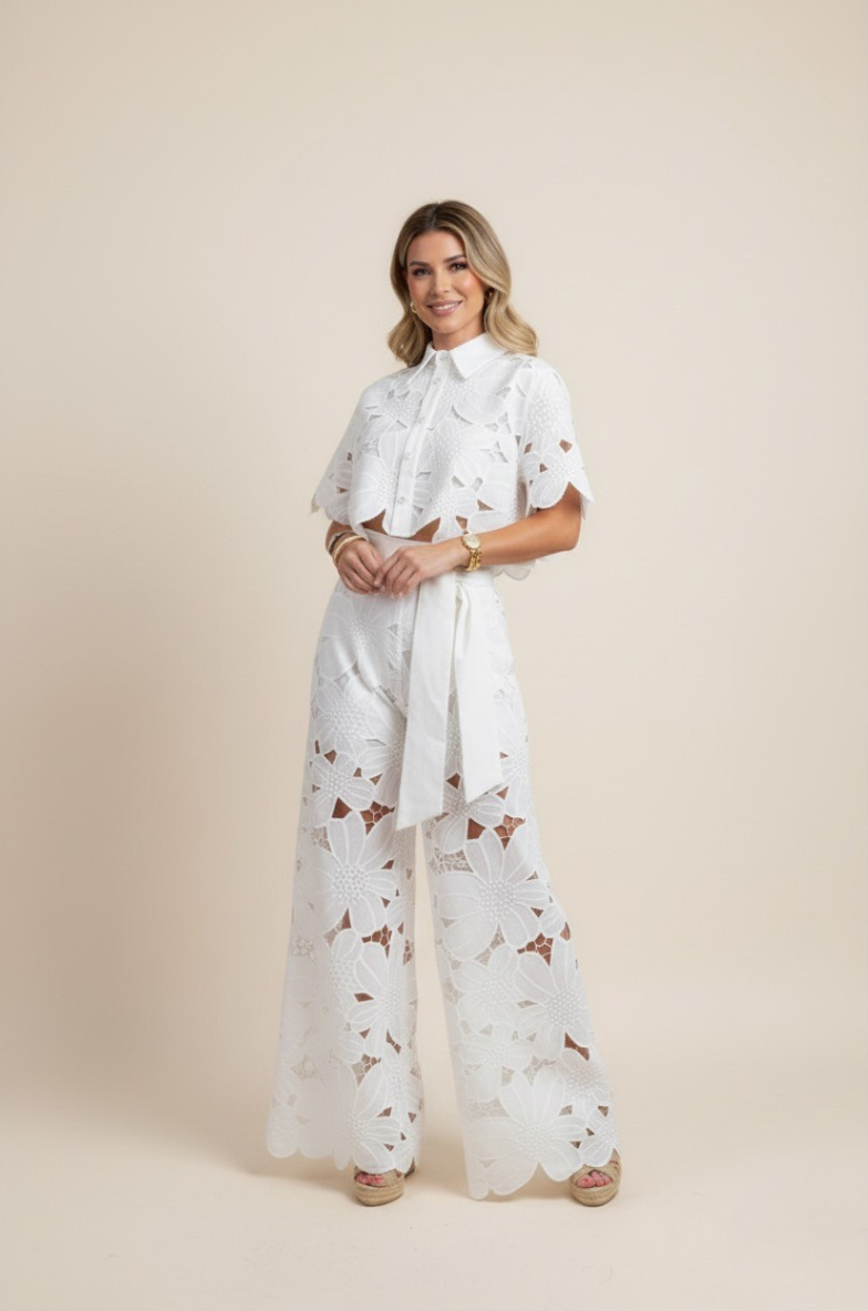 Women's Lace Two Piece Set - Crop Shirt and Wide Leg Pants