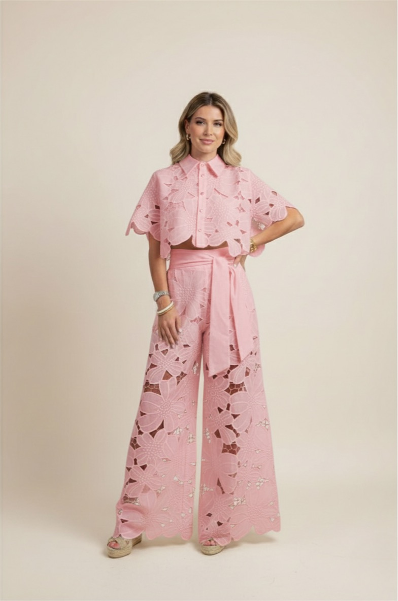 Women's Lace Two Piece Set - Crop Shirt and Wide Leg Pants