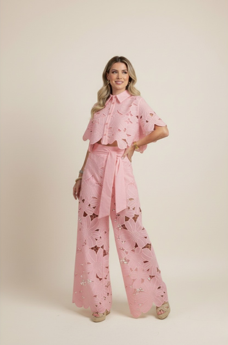 Women's Lace Two Piece Set - Crop Shirt and Wide Leg Pants