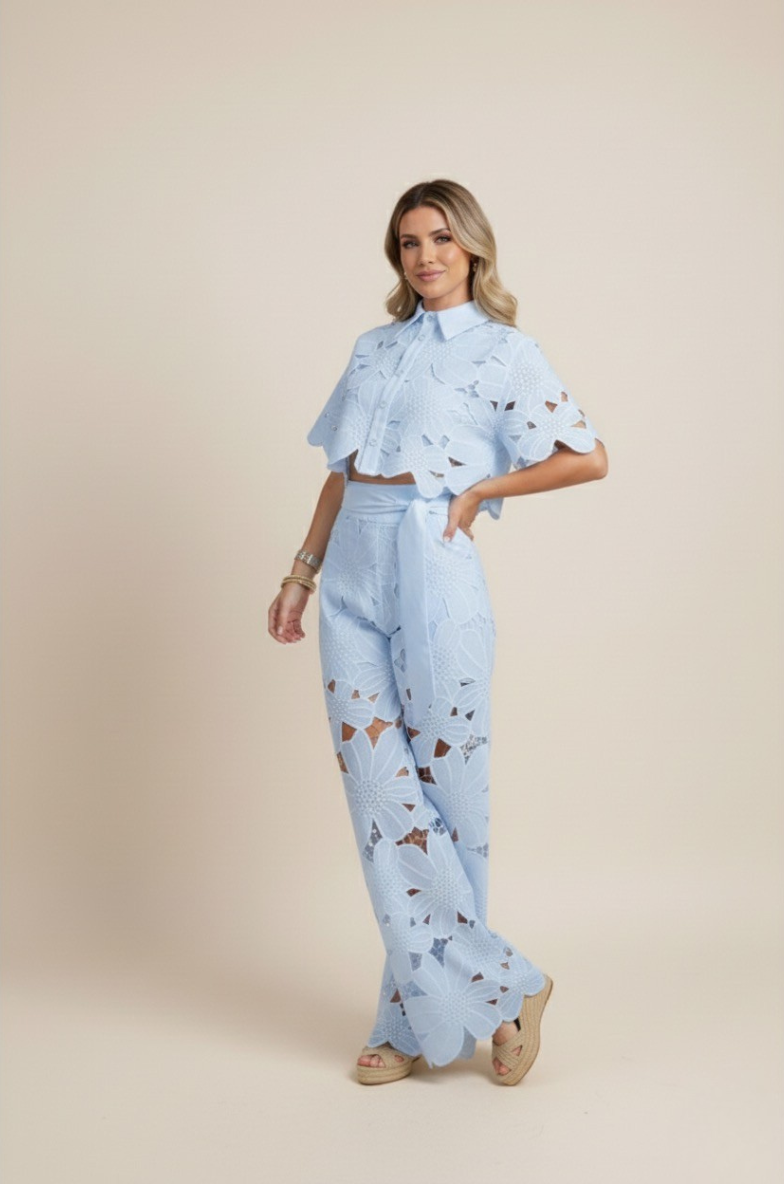 Women's Lace Two Piece Set - Crop Shirt and Wide Leg Pants
