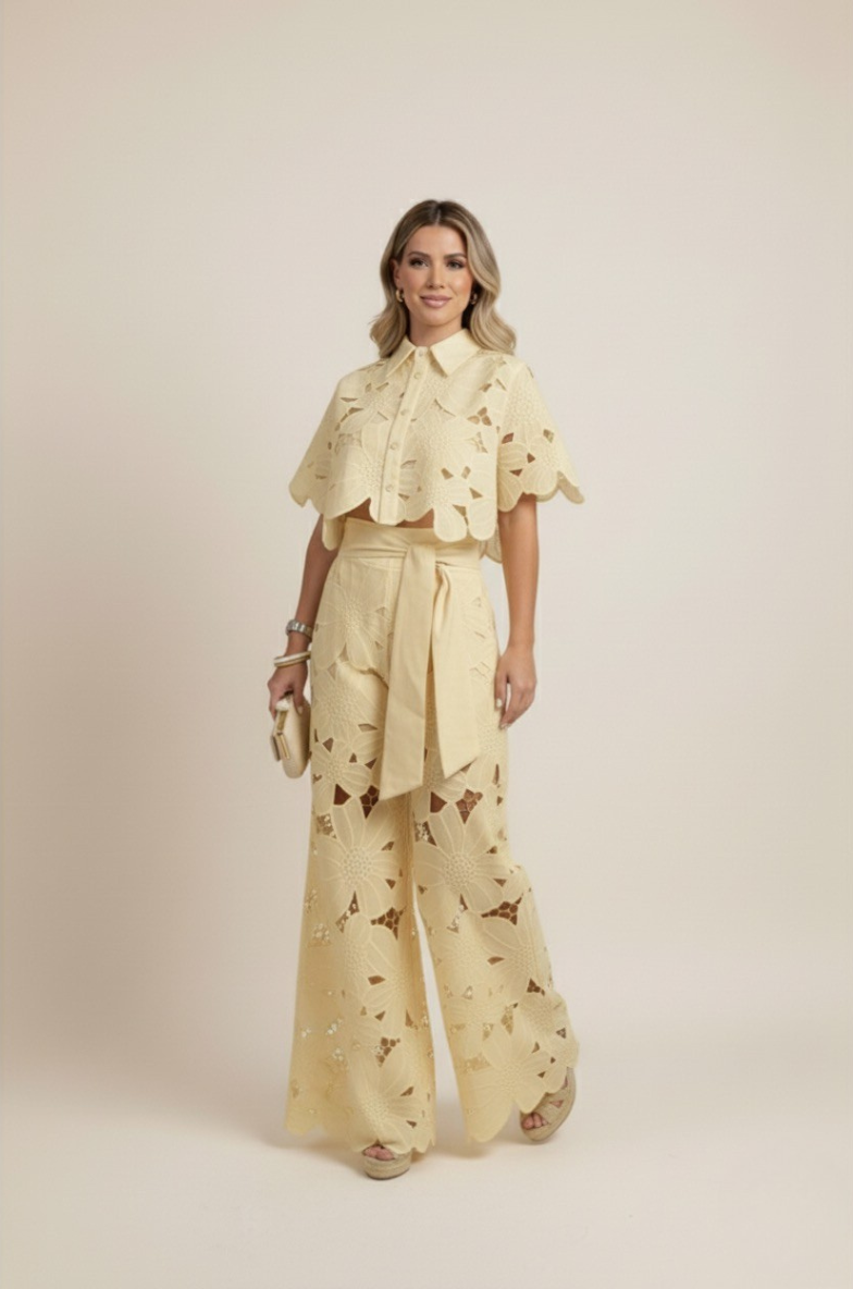 Women's Lace Two Piece Set - Crop Shirt and Wide Leg Pants