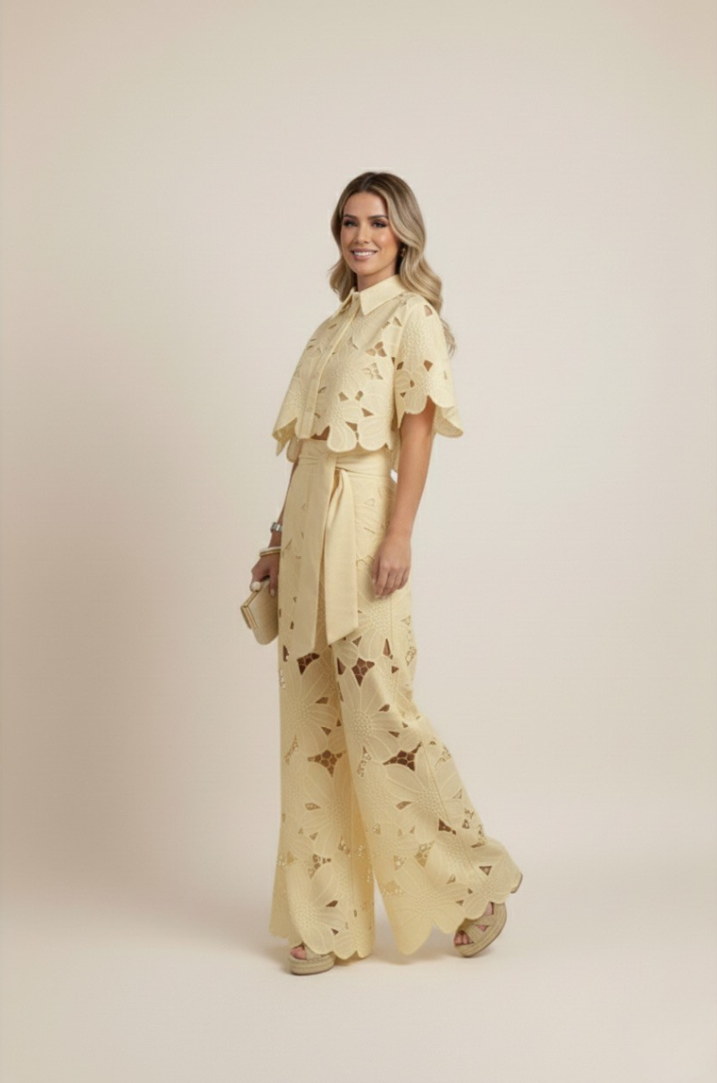 Women's Lace Two Piece Set - Crop Shirt and Wide Leg Pants