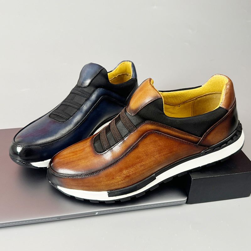 Men's Leather Sneakers - Slip On Casual Shoes with Elastic Panel and Contrast Sole