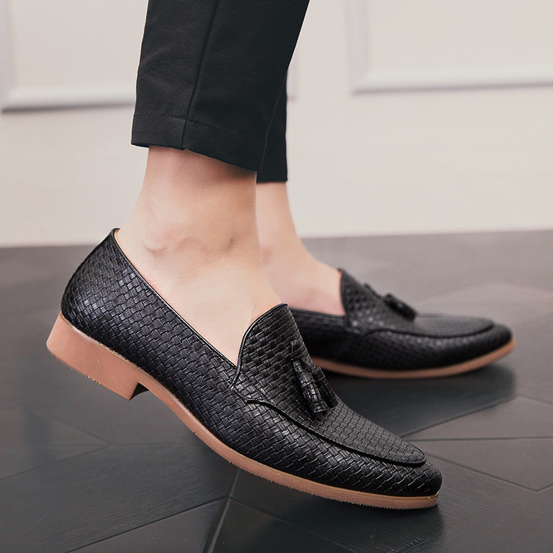 Men's Tassel Loafers - Slip-On Woven Embossed Upper with Pointed Toe and Low Heel