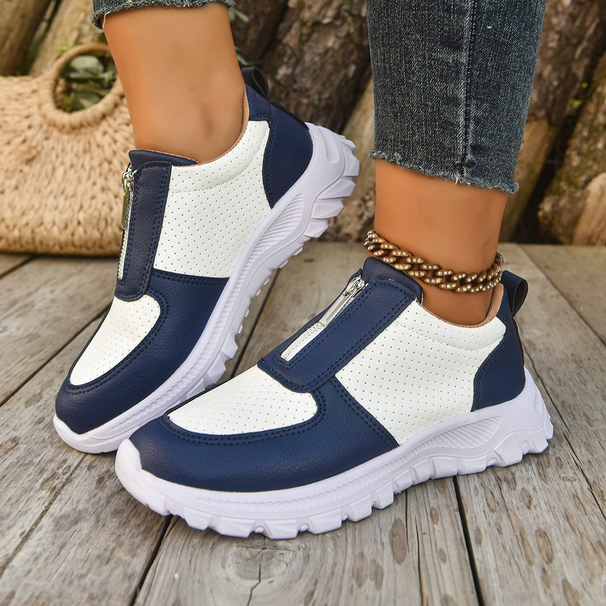 Women's Zip-Up Casual Sneakers - Colour Block Perforated Upper with Chunky Platform Sole