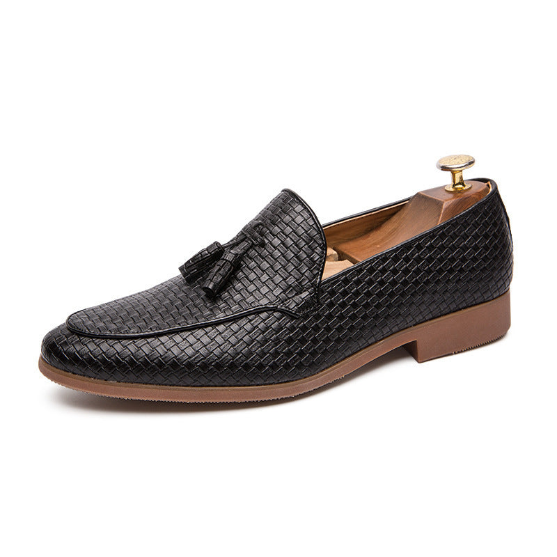 Men's Tassel Loafers - Slip-On Woven Embossed Upper with Pointed Toe and Low Heel