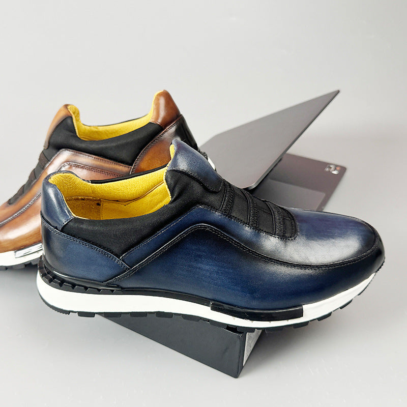 Men's Leather Sneakers - Slip On Casual Shoes with Elastic Panel and Contrast Sole