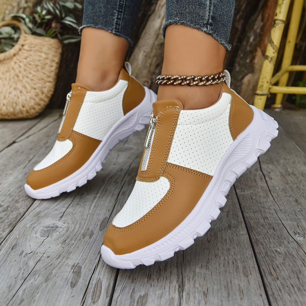 Women's Zip-Up Casual Sneakers - Colour Block Perforated Upper with Chunky Platform Sole