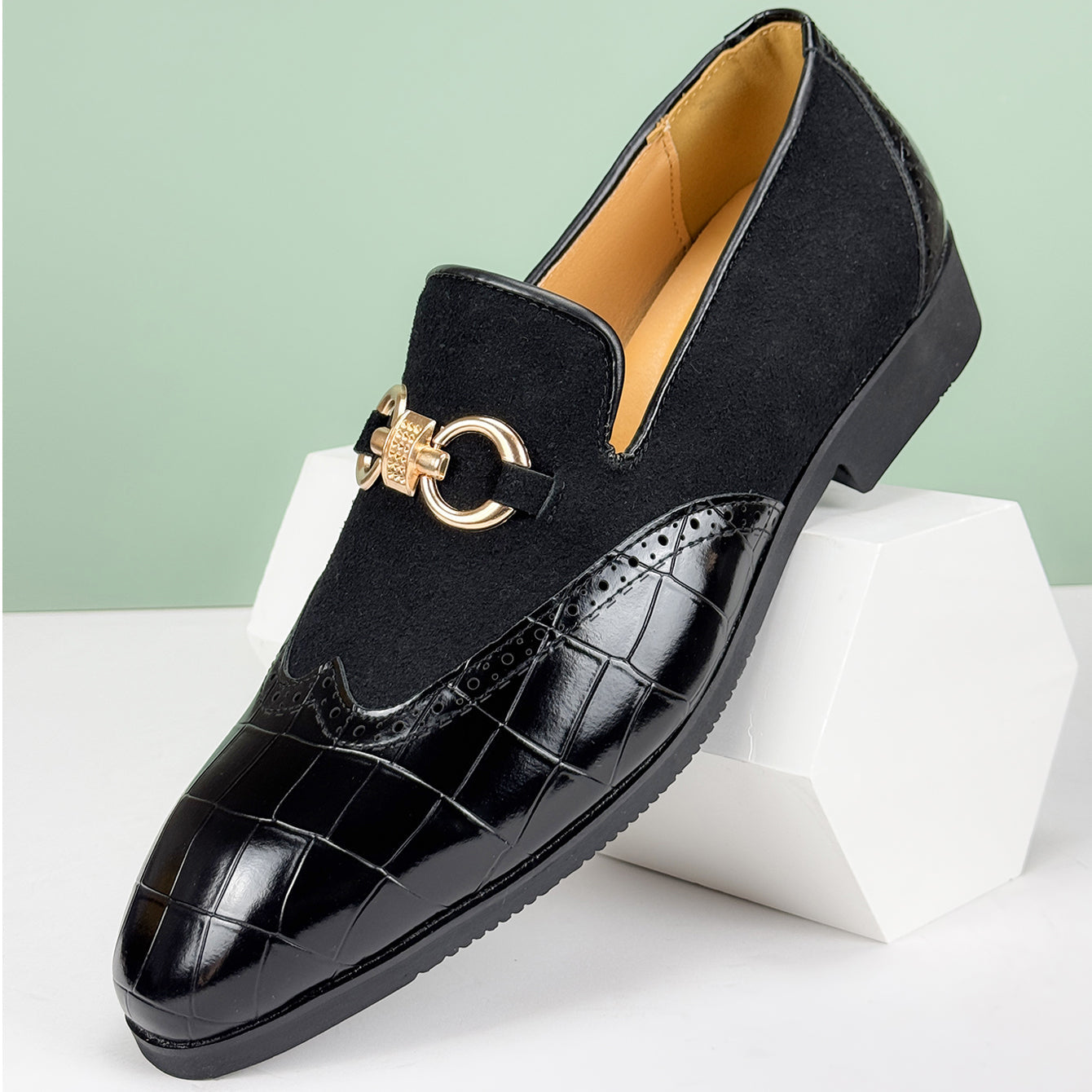 Men's Loafers - Slip On Dress Shoes with Brogue Detail - Metal Horsebit Buckle