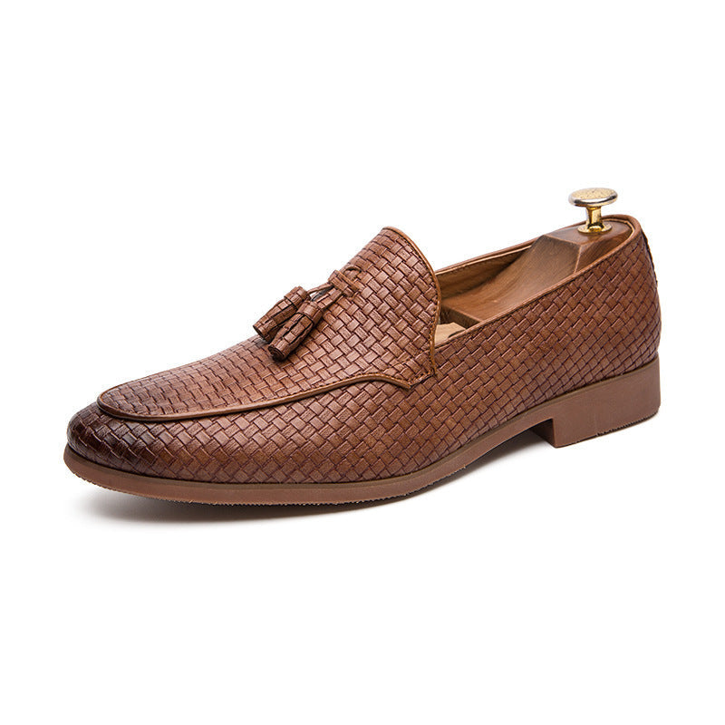 Men's Tassel Loafers - Slip-On Woven Embossed Upper with Pointed Toe and Low Heel