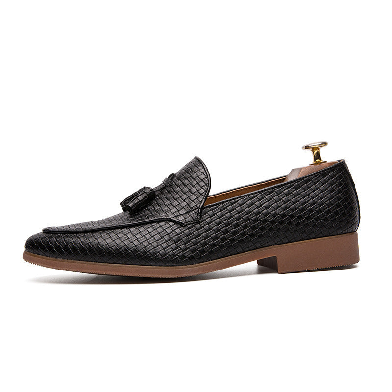 Men's Tassel Loafers - Slip-On Woven Embossed Upper with Pointed Toe and Low Heel