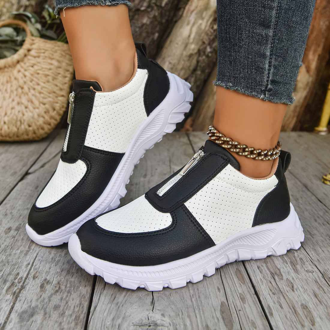 Women's Zip-Up Casual Sneakers - Colour Block Perforated Upper with Chunky Platform Sole