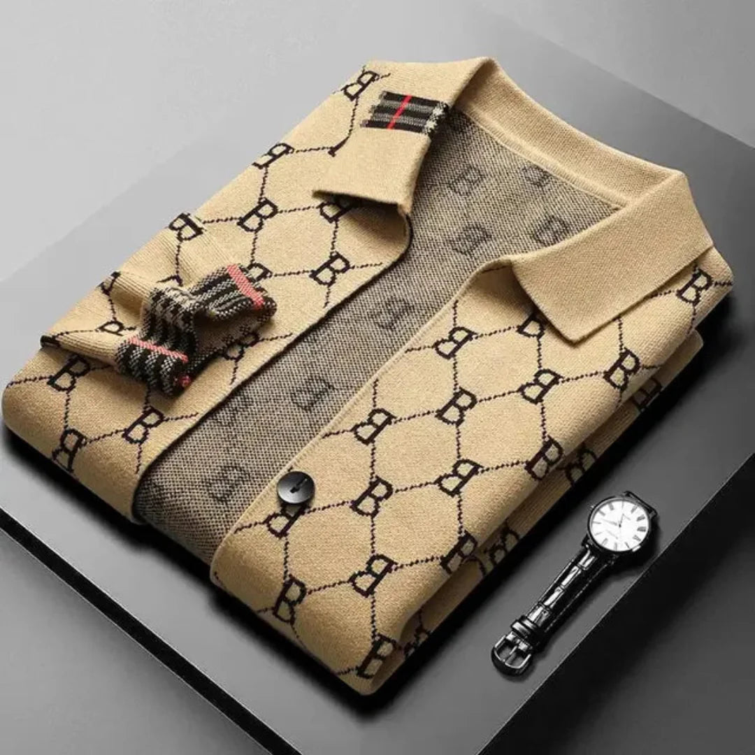 Men's Knit Cardigan - Button-Up Shirt Collar with All-Over Print - Contrast Check Cuffs and Patch Pockets