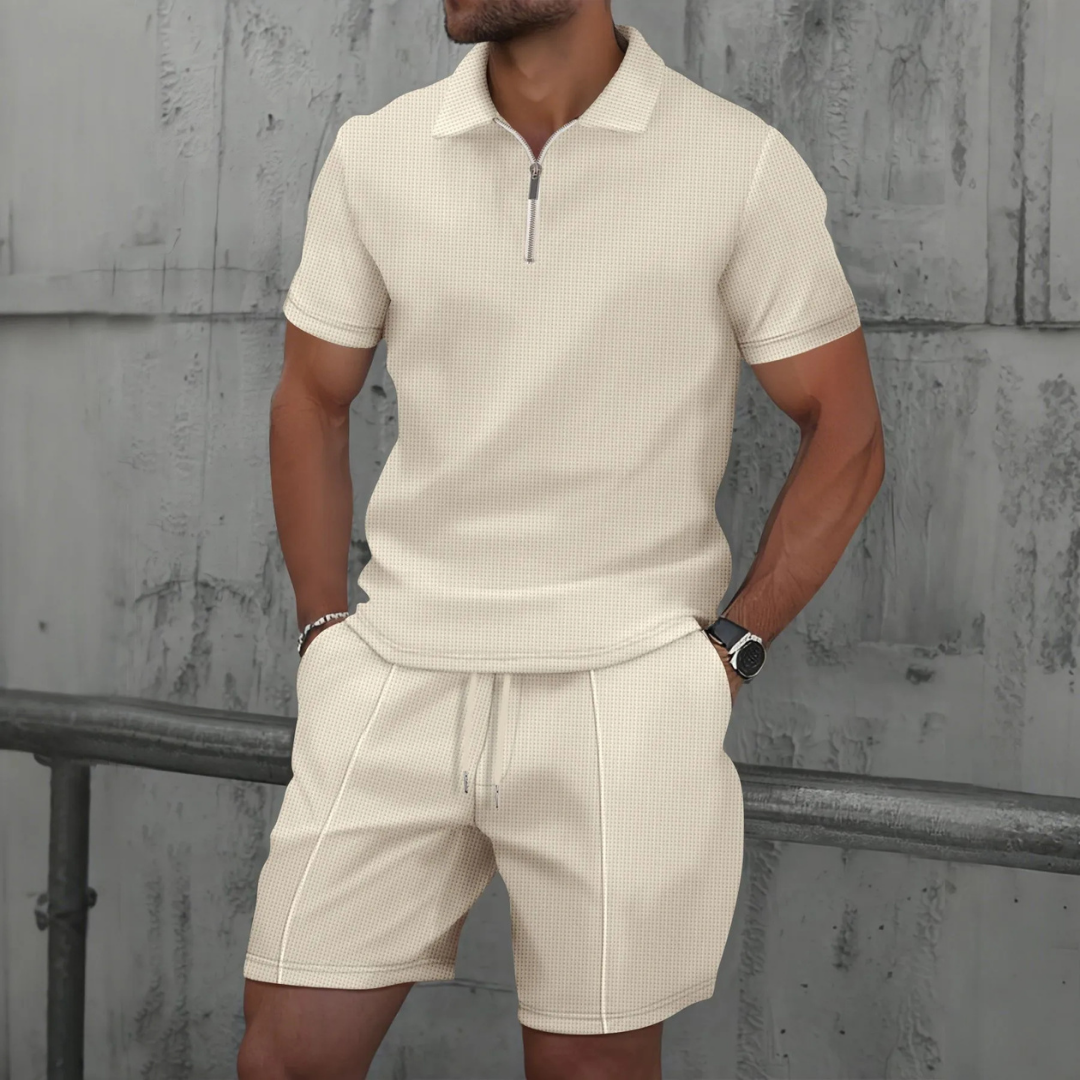 Men’s Short Sleeve Polo Shirt and Shorts Set with Zip Neck and Drawstring Waist