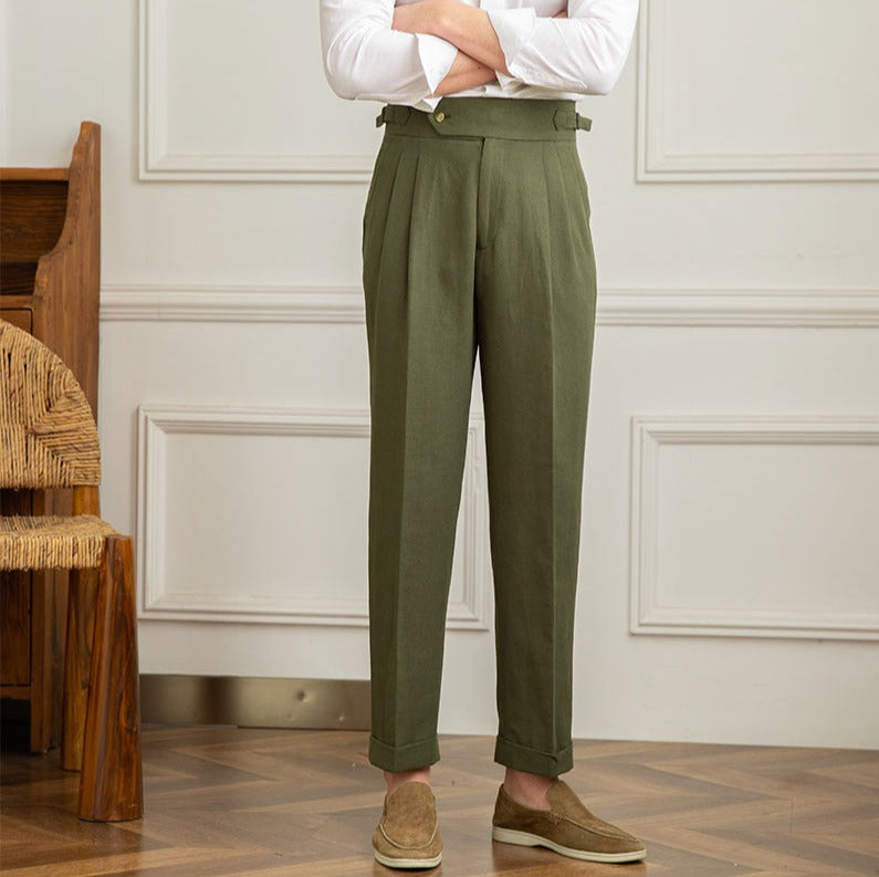 Men’s High-Waisted Pleated Trousers – Italian Style with Elongated Silhouette