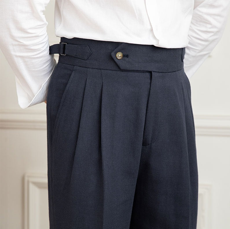 Men’s High-Waisted Pleated Trousers – Italian Style with Elongated Silhouette