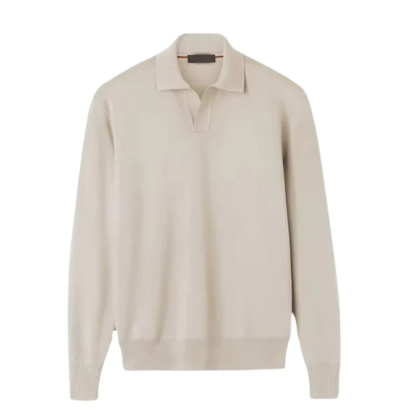Men's Long Sleeve Polo Jumper - Open Collar - Ribbed Cuff and Hem - Fine Knit Smart Casual Top