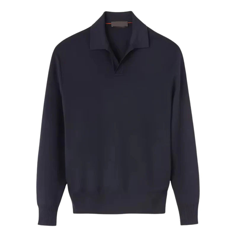 Men's Long Sleeve Polo Jumper - Open Collar - Ribbed Cuff and Hem - Fine Knit Smart Casual Top