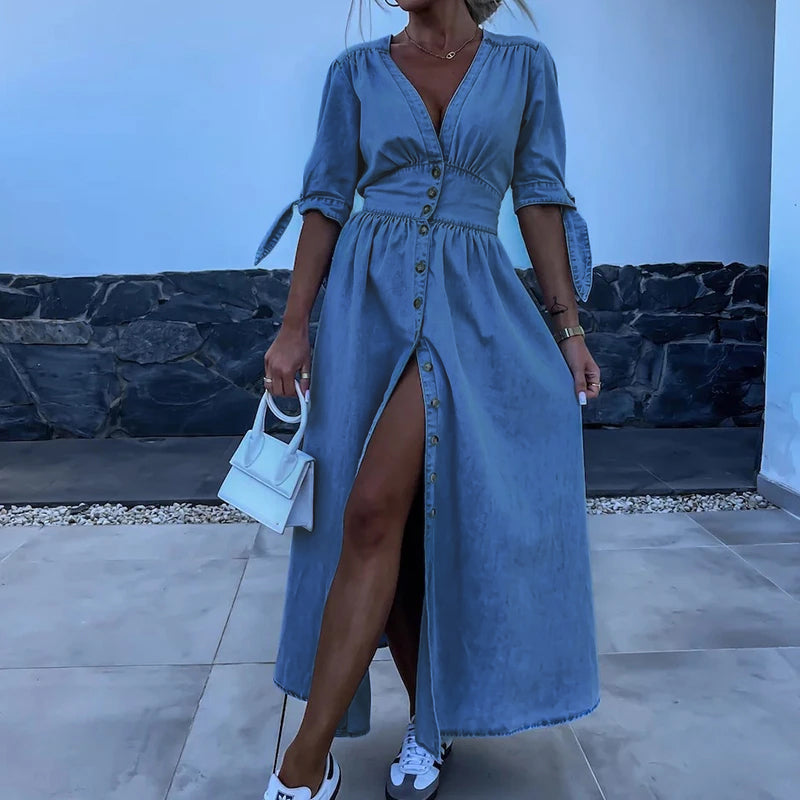 Women's Denim Midi Dress - V-Neck Button Front A-Line with Tie Sleeve Detail