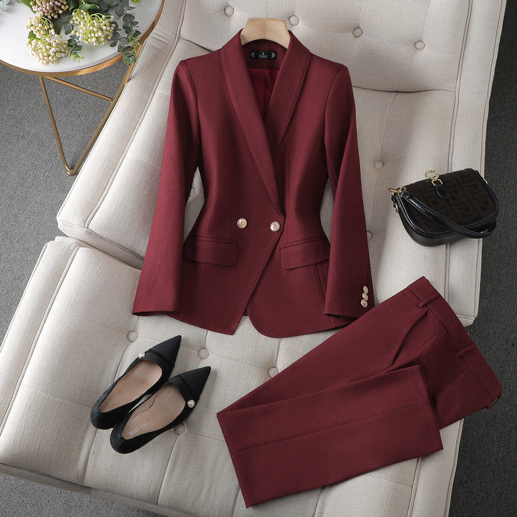 Women's Pant Suit Set - Shawl Collar Blazer and Straight Leg Pants