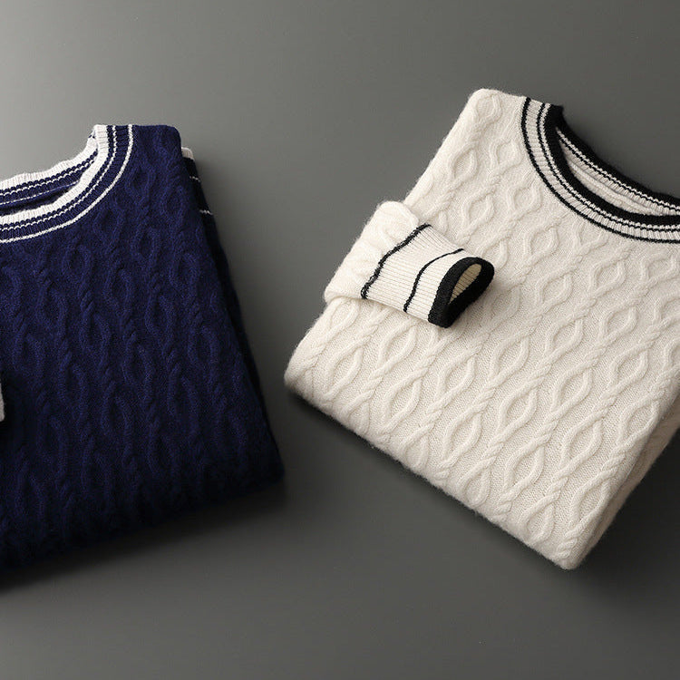 Men's Cable Knit Jumper - Crew Neck Long Sleeve Contrast Trim