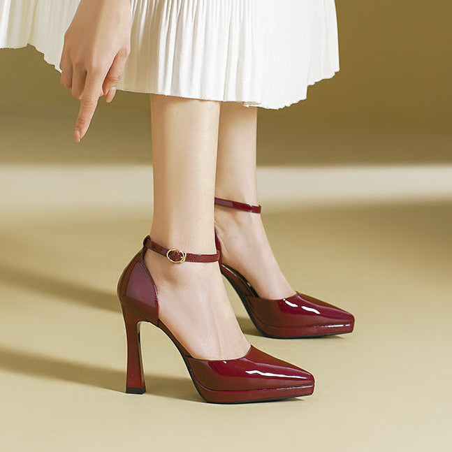 Women's Patent Leather Pointed Toe Ankle Strap Block Heels