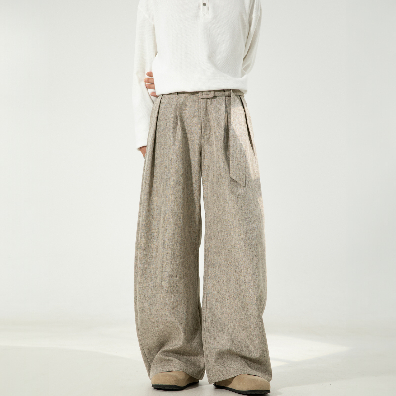 Men's Wide Leg Pants - Pleated Waist with Adjustable Belt and Zip Fly
