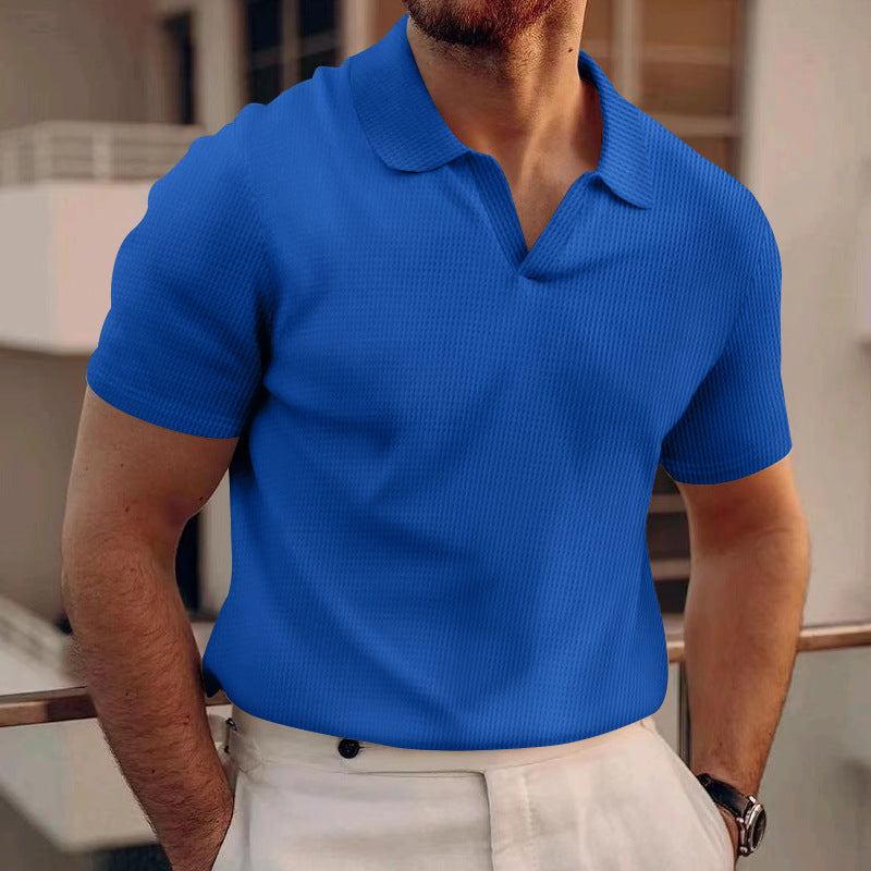 Men's Polo Tees - Short Sleeve Open Collar Waffle Texture Shirt