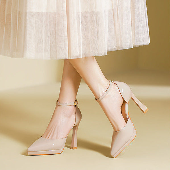 Women's Patent Leather Pointed Toe Ankle Strap Block Heels