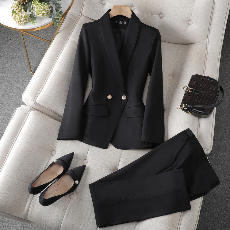 Women's Pant Suit Set - Shawl Collar Blazer and Straight Leg Pants
