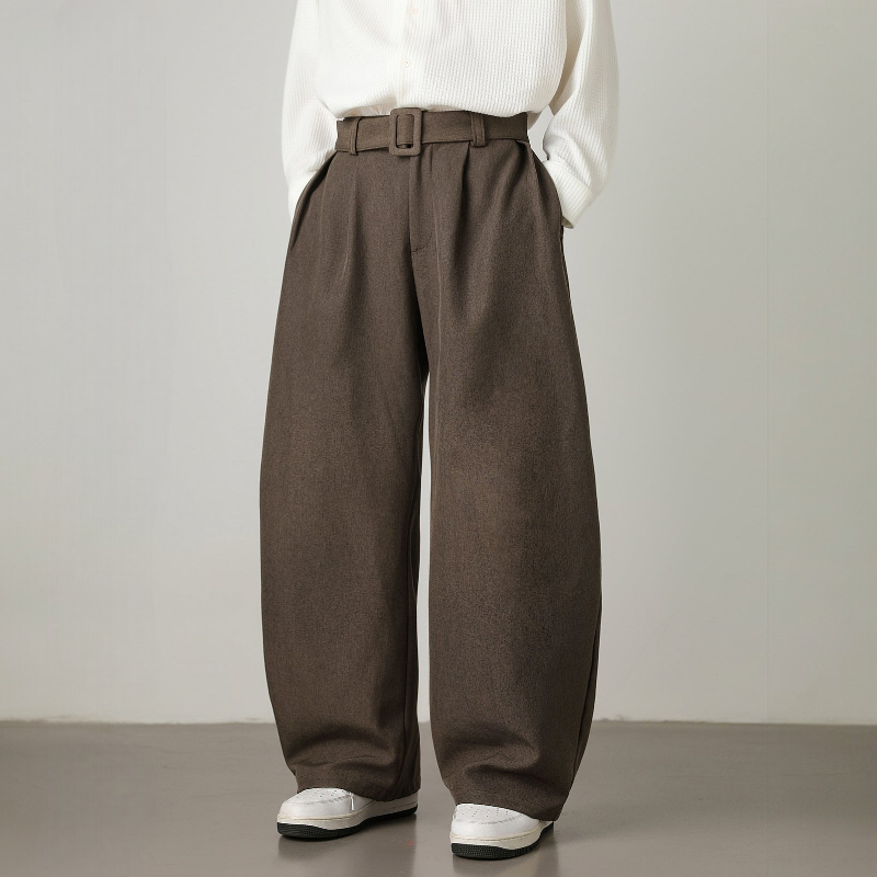 Men's Wide Leg Pants - Pleated Waist with Adjustable Belt and Zip Fly