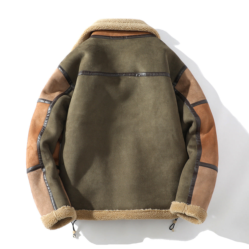 Men’s Shearling Jacket – Relaxed Fit Color Block Zip Front Coat with Patch Pockets