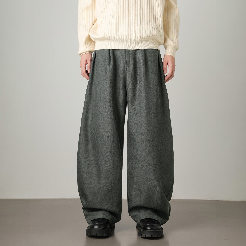 Men's Wide Leg Pants - Pleated Waist with Adjustable Belt and Zip Fly