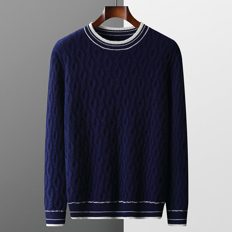 Men's Cable Knit Jumper - Crew Neck Long Sleeve Contrast Trim