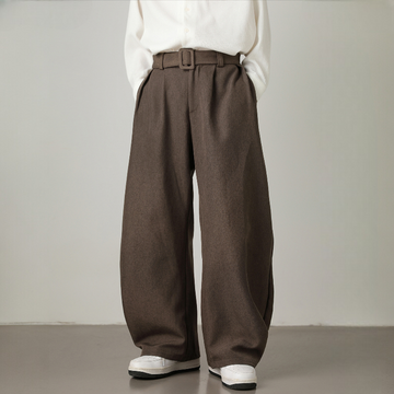 Men's Wide Leg Pants - Pleated Waist with Adjustable Belt and Zip Fly