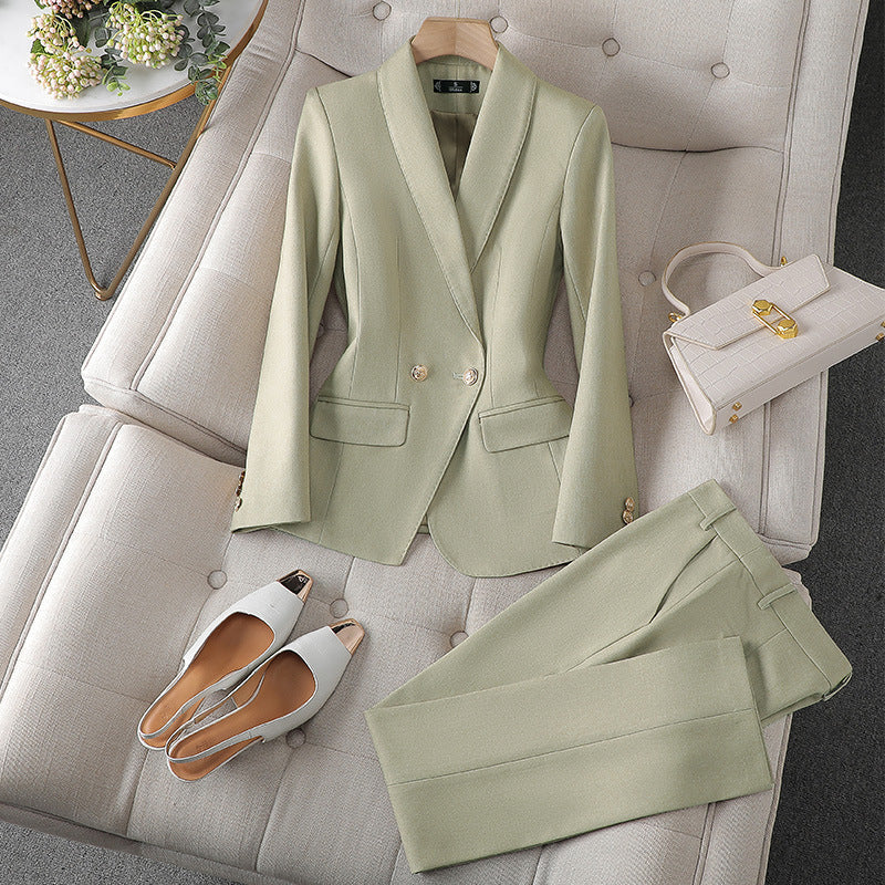Women's Pant Suit Set - Shawl Collar Blazer and Straight Leg Pants