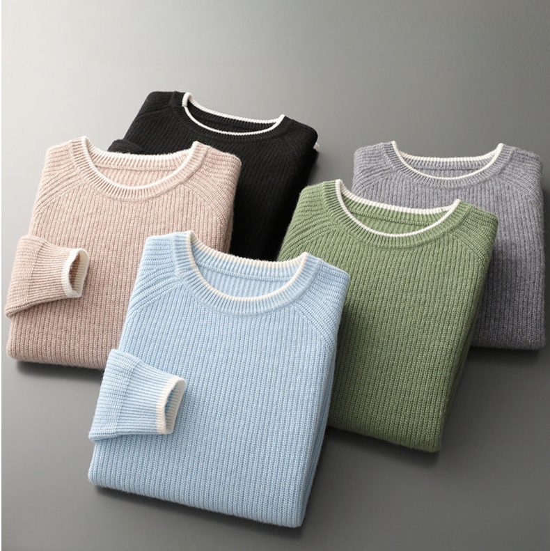 Men's Knit Jumper - Crew Neck Raglan Sleeve Ribbed Pullover