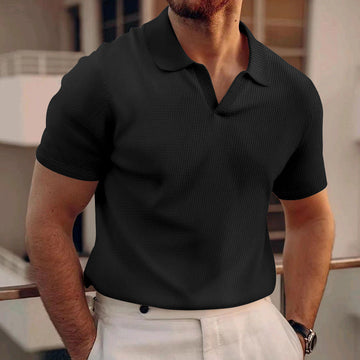 Men's Polo Tees - Short Sleeve Open Collar Waffle Texture Shirt