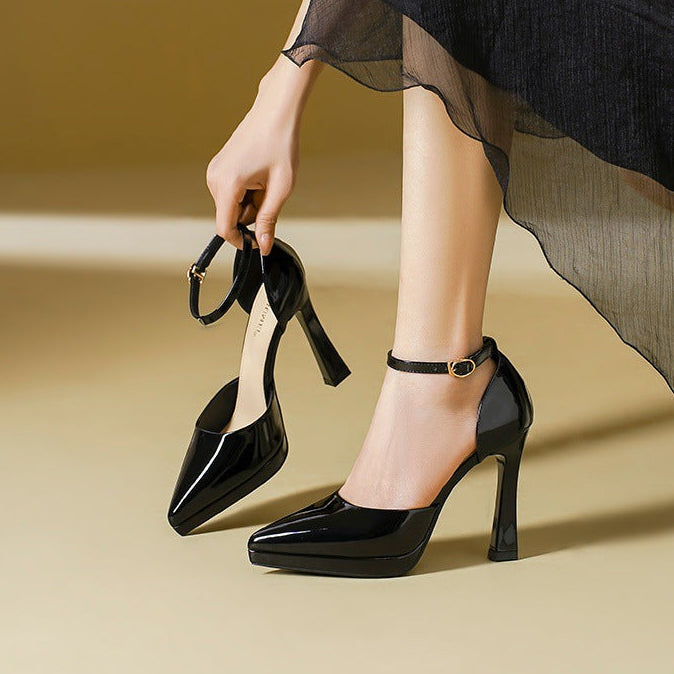 Women's Patent Leather Pointed Toe Ankle Strap Block Heels