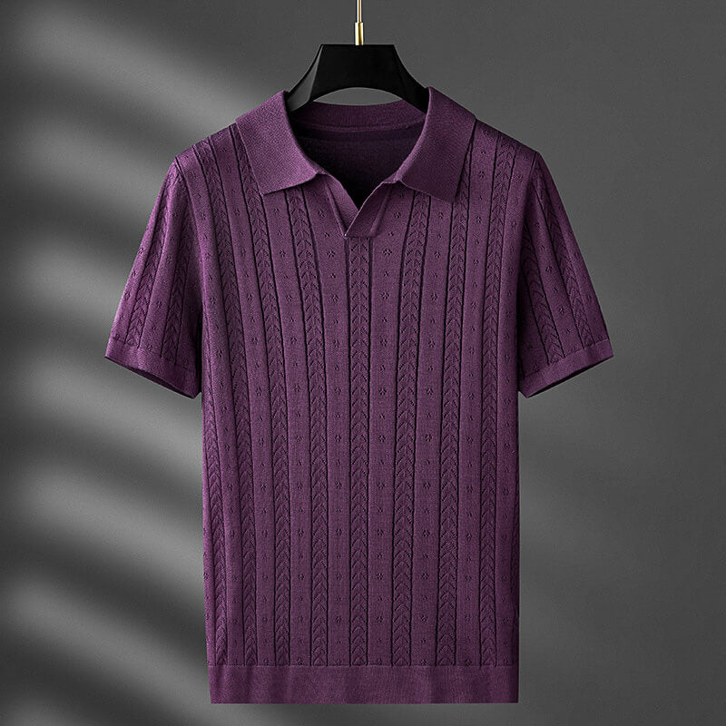 Men's Polo Tees - Short Sleeve Knit Polo with Open V-Neck and Textured Pattern
