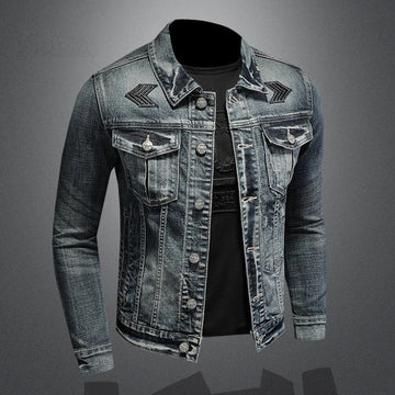 Men's Denim Jacket - Slim Fit Button Front with Chest Pockets and Embroidered Detail