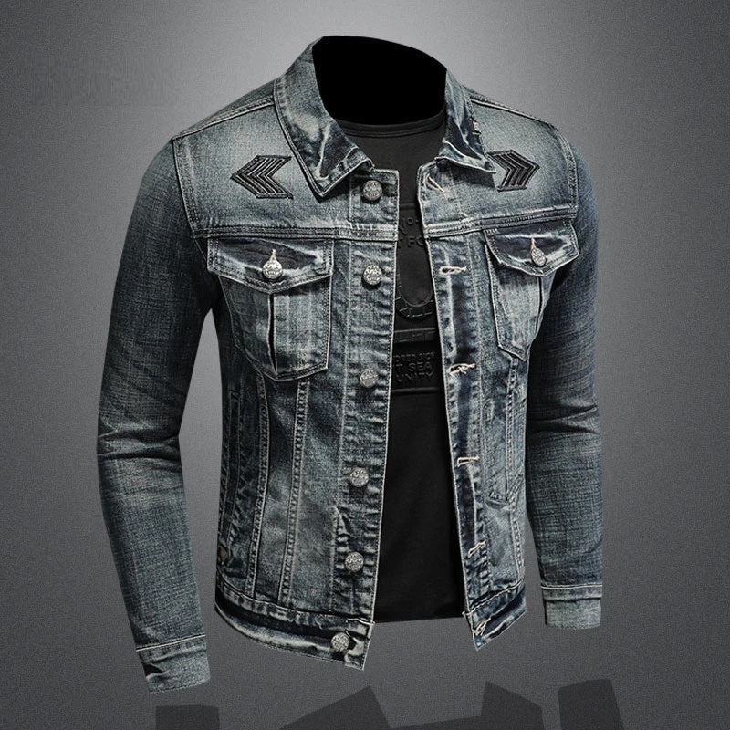Men's Denim Jacket - Slim Fit Button Front with Chest Pockets and Embroidered Detail